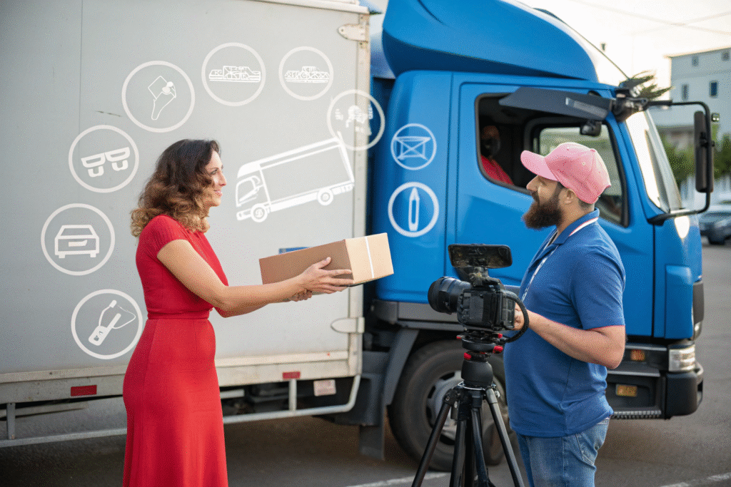 A woman in a red dress and a man in a pink cap exchange a box before a blue delivery truck with inquiry and delivery icons