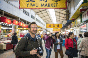 A busy indoor market with colorful stalls and smiling diverse people under a yellow and black China Yiwu Market sign