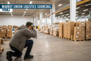 Large warehouse filled with stacked cardboard boxes and parcels under Market Union banner depicting Yiwu sourcing logistics