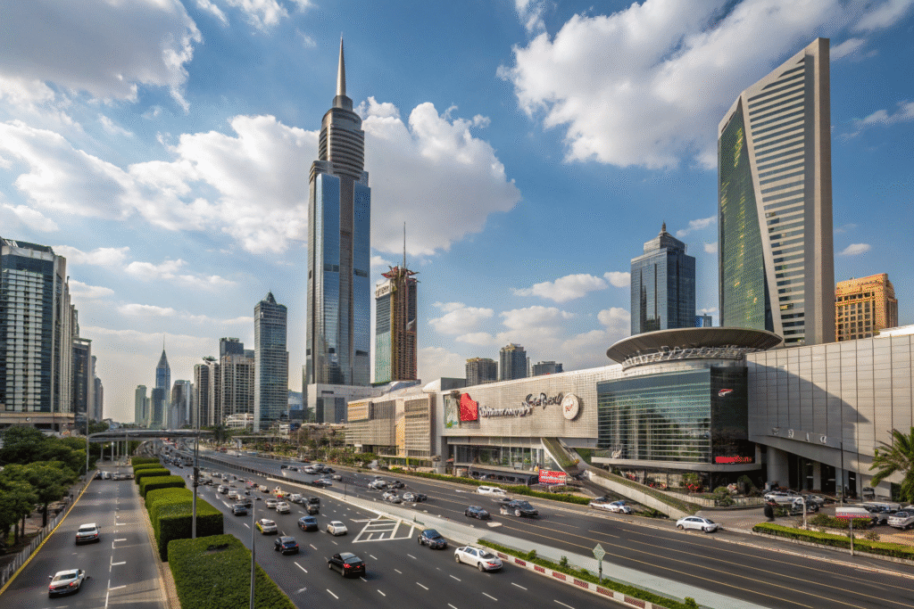 Modern cityscape with tall skyscrapers, busy shopping mall, and bustling roads under a blue sky with clouds