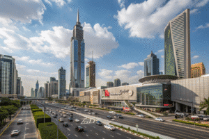 Modern cityscape with tall skyscrapers, busy shopping mall, and bustling roads under a blue sky with clouds