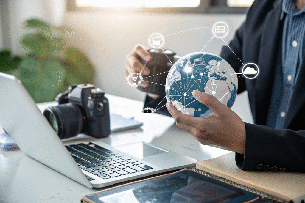 Business professional in suit interacting with digital globe and icons showing sourcing agents streamlining global procurement