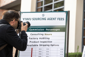 Tabela de comparação que detalha as taxas de serviço do agente de fornecimento de Yiwu, incluindo comissão, horas de consultoria e opções de envio