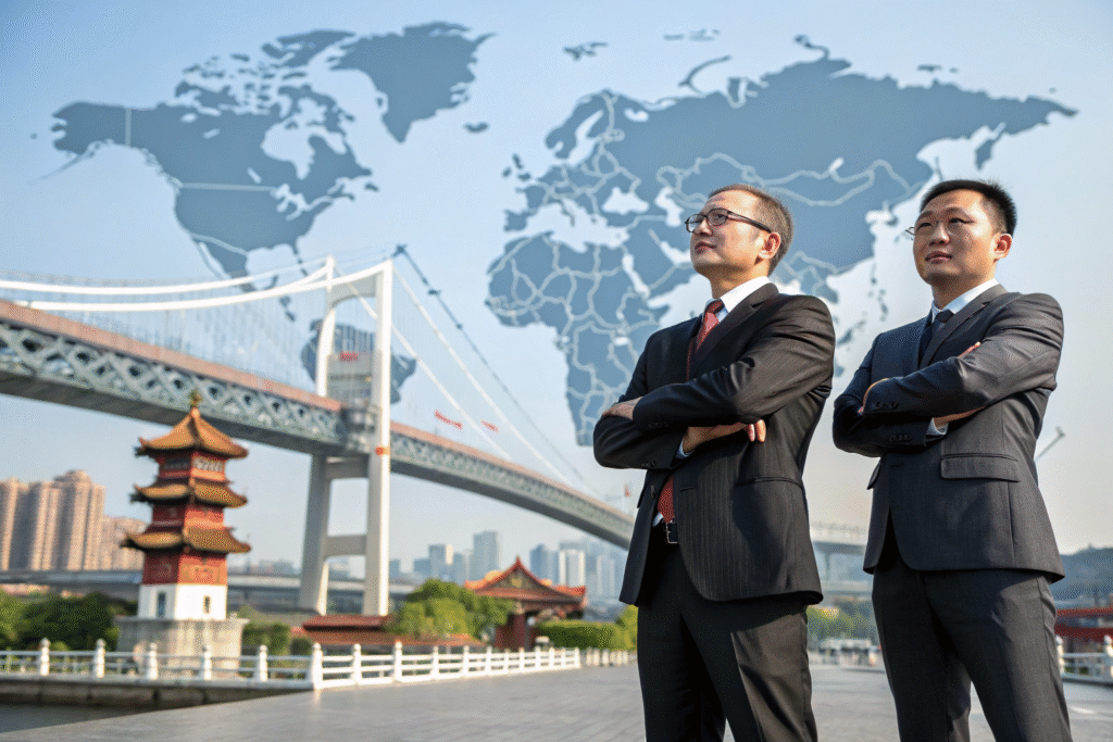 Two smiling business professionals with world map and Chinese marketplace background comparing Yiwu and general sourcing agents in China