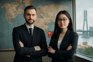 Two smiling business professionals with world map, bridge, and Chinese marketplace illustrating Yiwu vs general sourcing agents