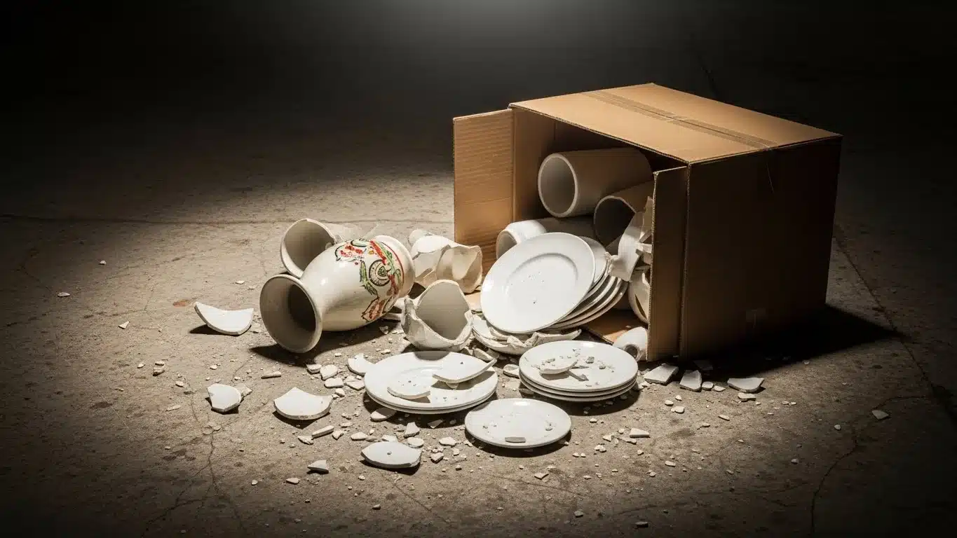 Shattered dishes and a broken vase on the floor, spilled from a cardboard box, illuminated by a focused light.