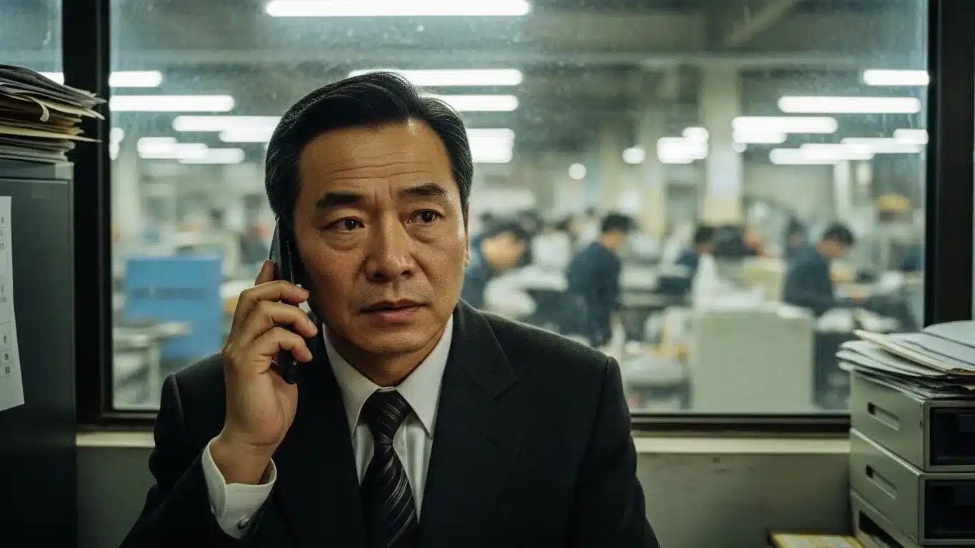 Businessman in a suit talking on a phone in a bustling office setting with stacks of papers and drawers visible.