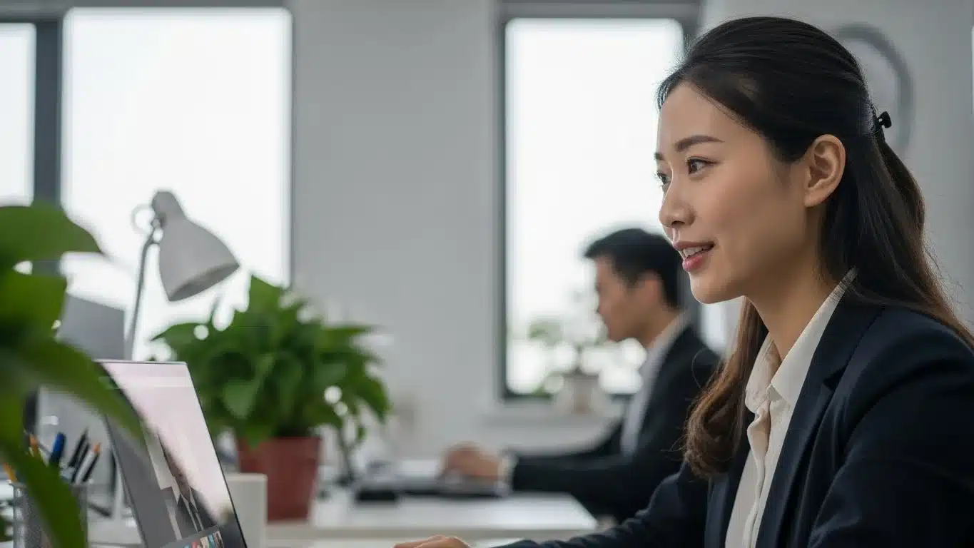 Businesswoman in a formal suit working on a laptop at her desk in a modern office, with a colleague in the background.