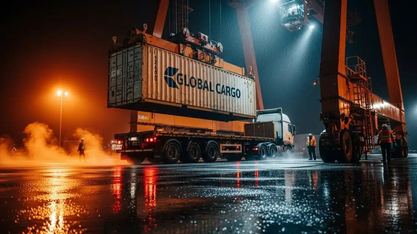 A cargo container being loaded onto a truck by a crane at a port. The scene is set at night, with rain reflecting lights, and workers in safety vests observing.