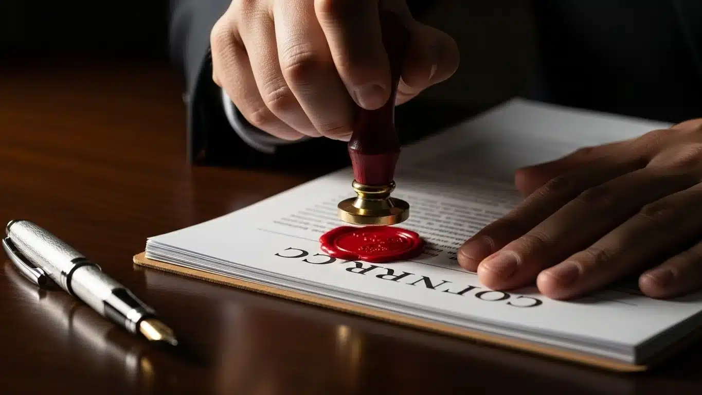 Close-up of hand using wax seal to authenticate contract on desk, beside silver pen emphasizing formality and finalization.