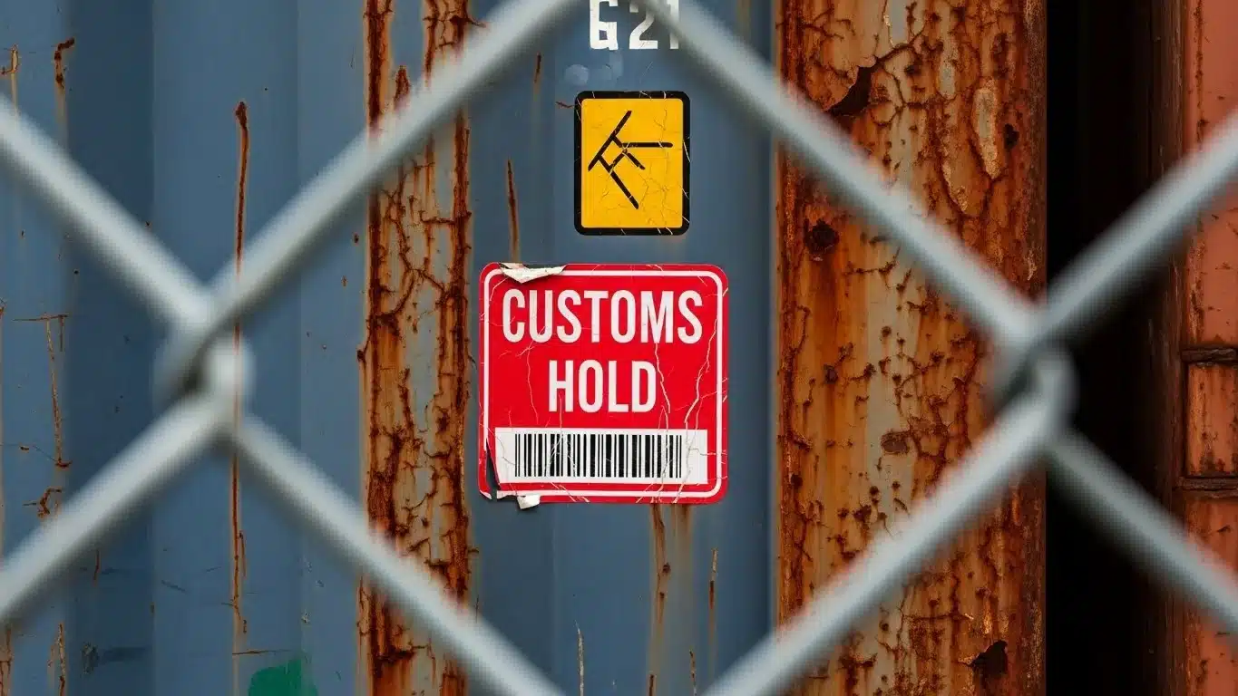 A red customs hold sticker placed on a rusty shipping container, viewed through a chain-link fence, indicating a shipment hold.