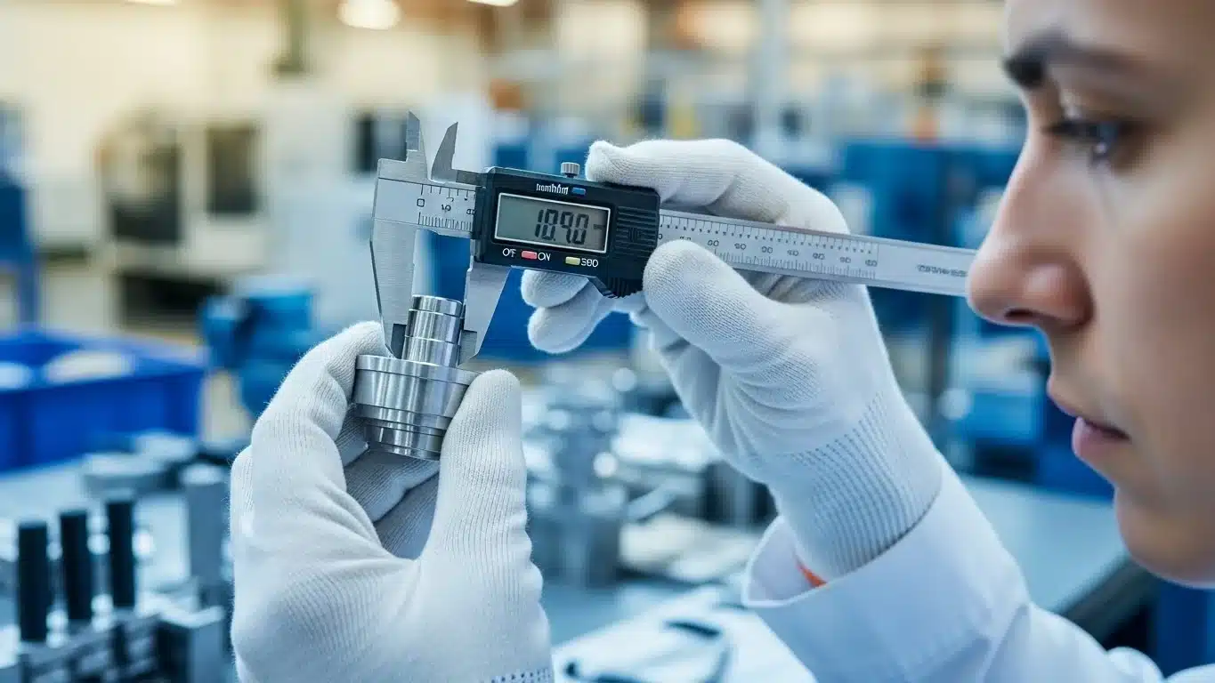 Hands wearing white gloves using a digital caliper to measure a metallic component in an industrial setting.