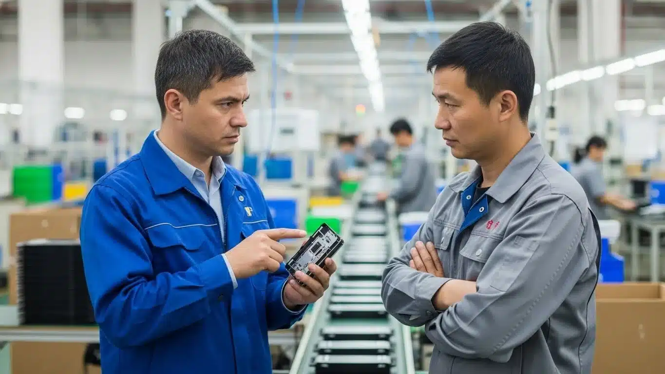 Two factory workers discussing and inspecting an electronic device in a brightly lit production environment with a conveyor belt.