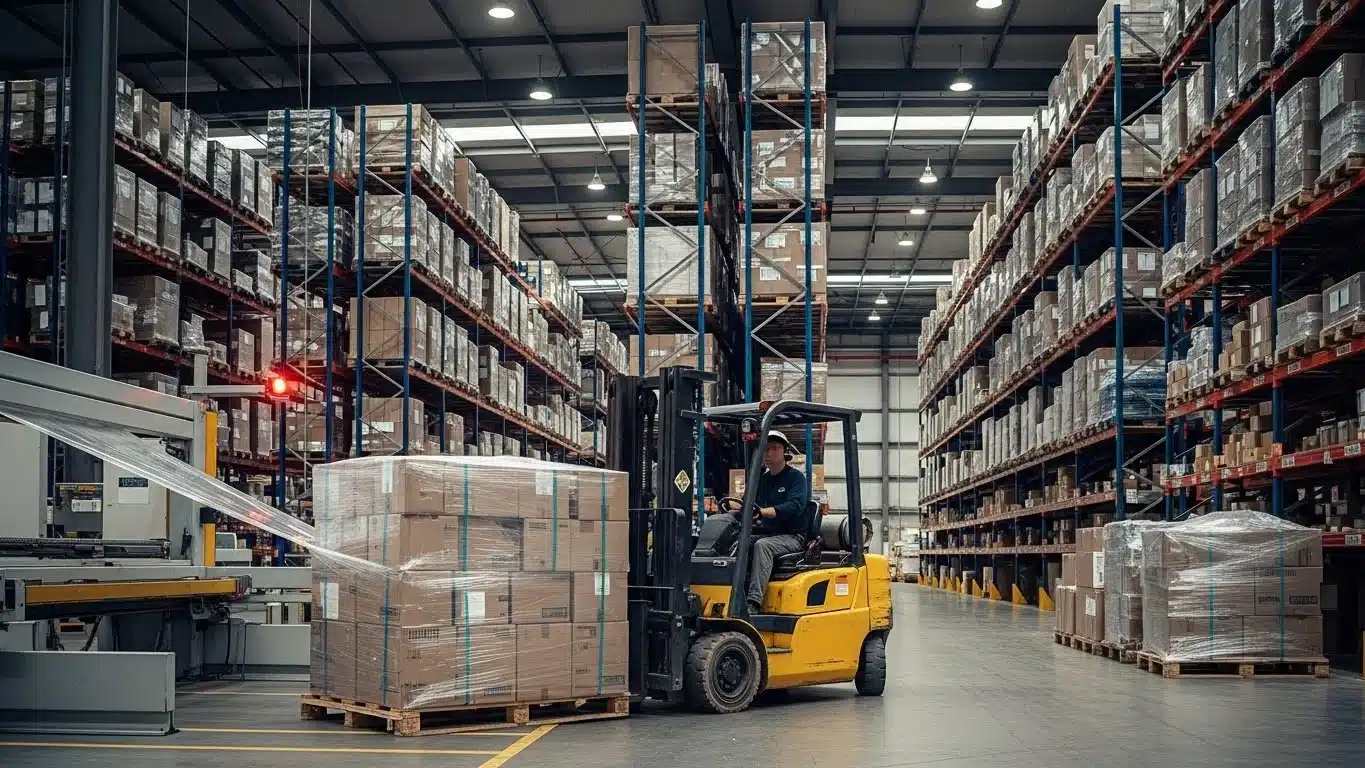 A yellow forklift moving loaded pallets through a spacious warehouse with tall shelving units stacked with boxes.