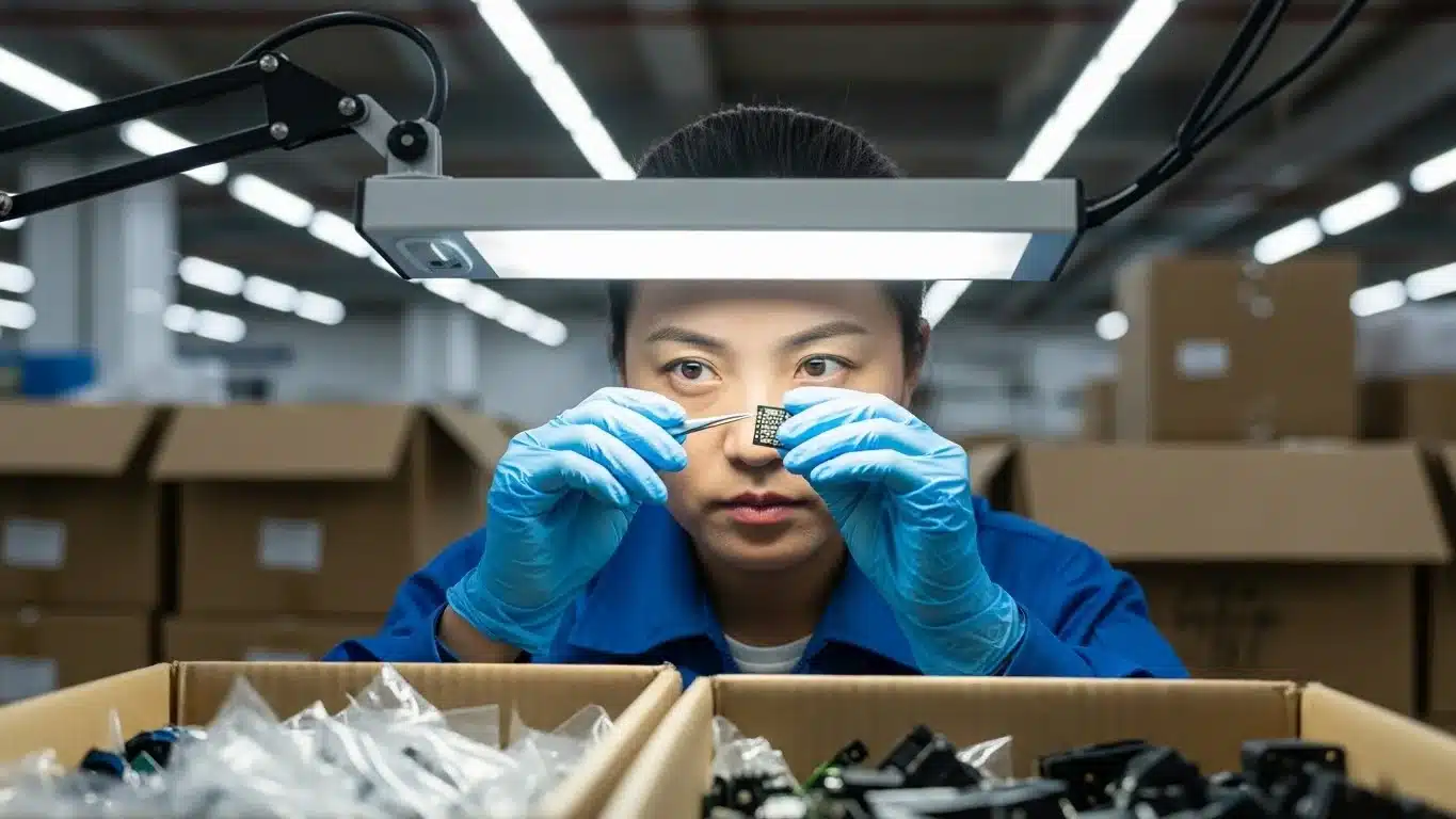 A worker wearing blue gloves inspects small parts under a bright light in an industrial setting, surrounded by cardboard boxes.
