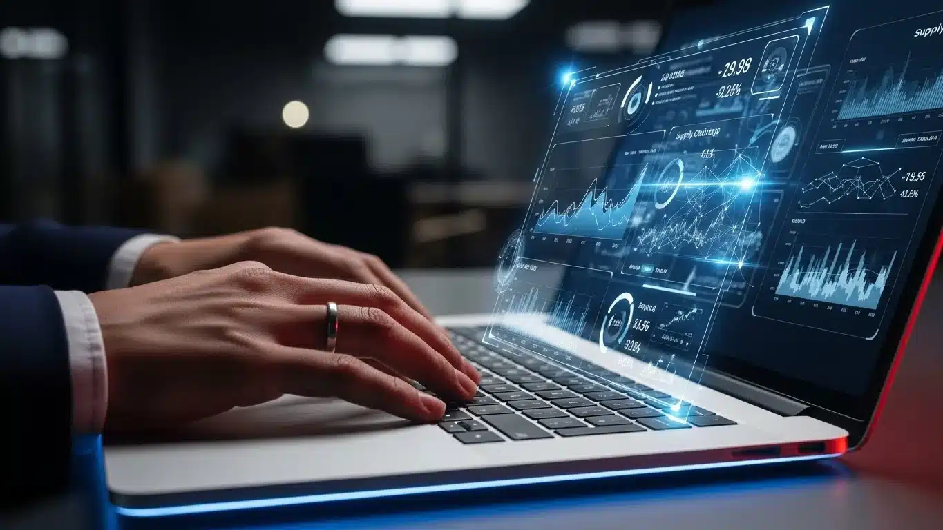 Руки печатают на клавиатуре ноутбука, над экраном которого проецируются многочисленные синие цифровые графики и диаграммы в слабоосвещенном помещении.