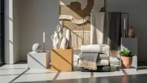 Modern home decor ceramics and textiles at a Yiwu wholesale stall