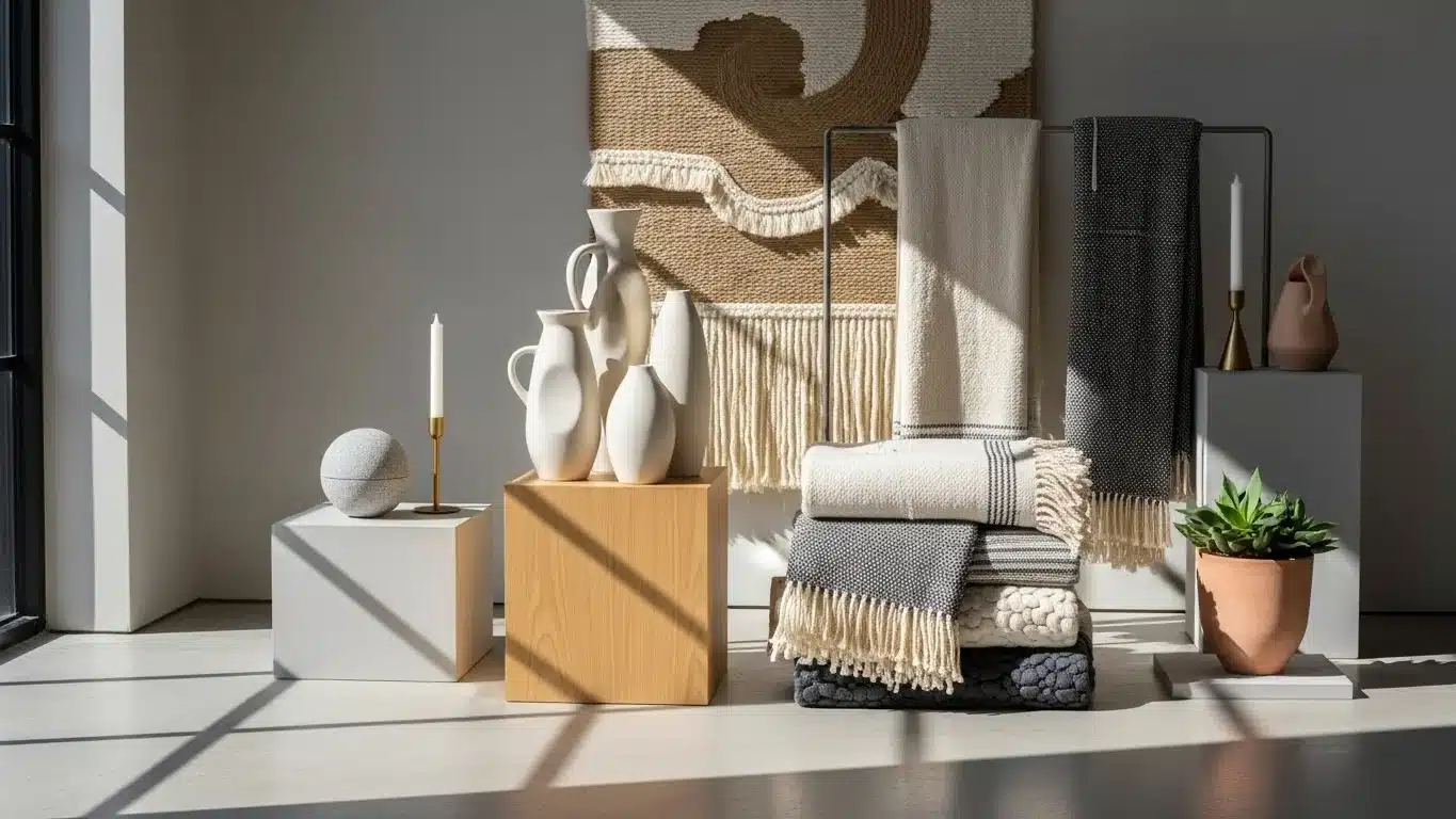 Современная композиция из предметов домашнего декора: белые керамические вазы, сложенный в стопку текстиль, плетеный настенный подвес и зеленое растение при естественном освещении. .