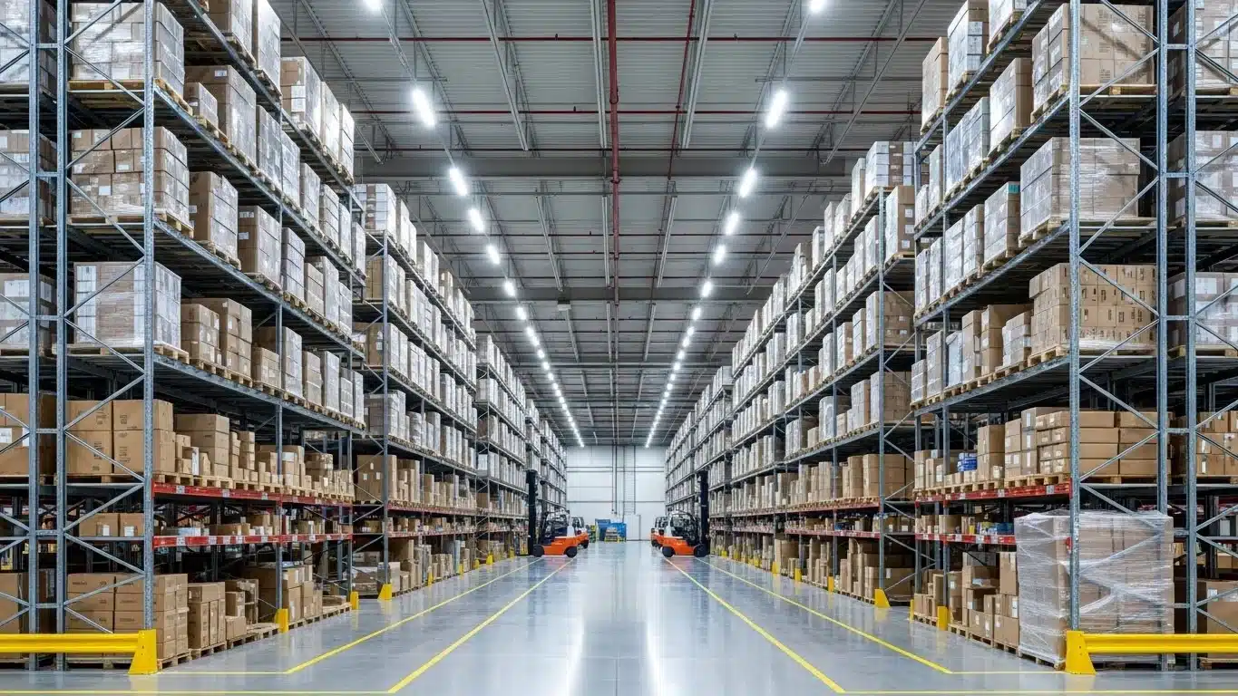 Просторный современный интерьер склада с высокими полками, заставленными коробками, освещенными верхним светом, и блестящей поверхностью пола.