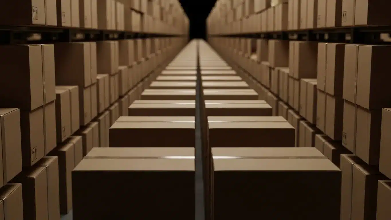 Numerous cardboard boxes lined up in rows on tall metal shelves, forming a symmetrical view in a dim warehouse setting.