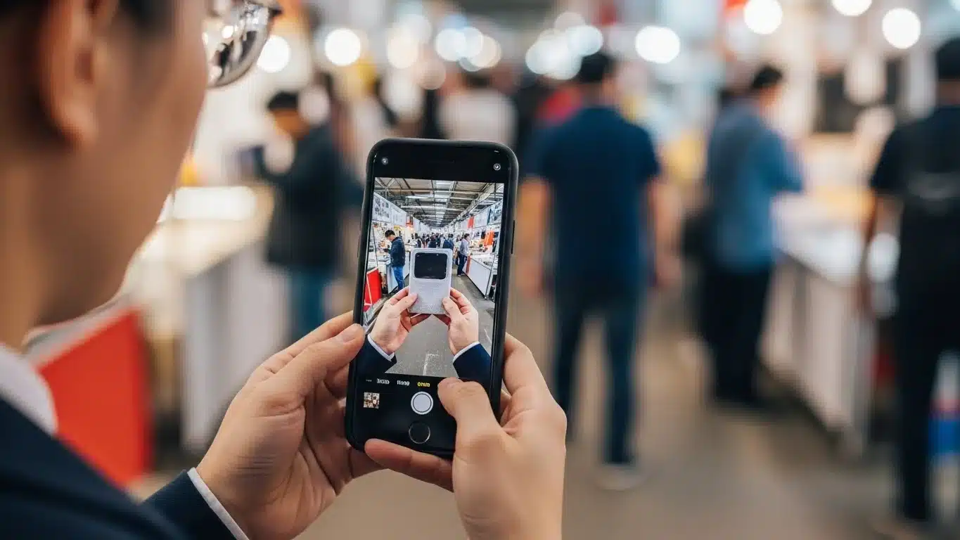 Hands holding a smartphone capturing an indoor market scene with a busy crowd and various stalls in view.