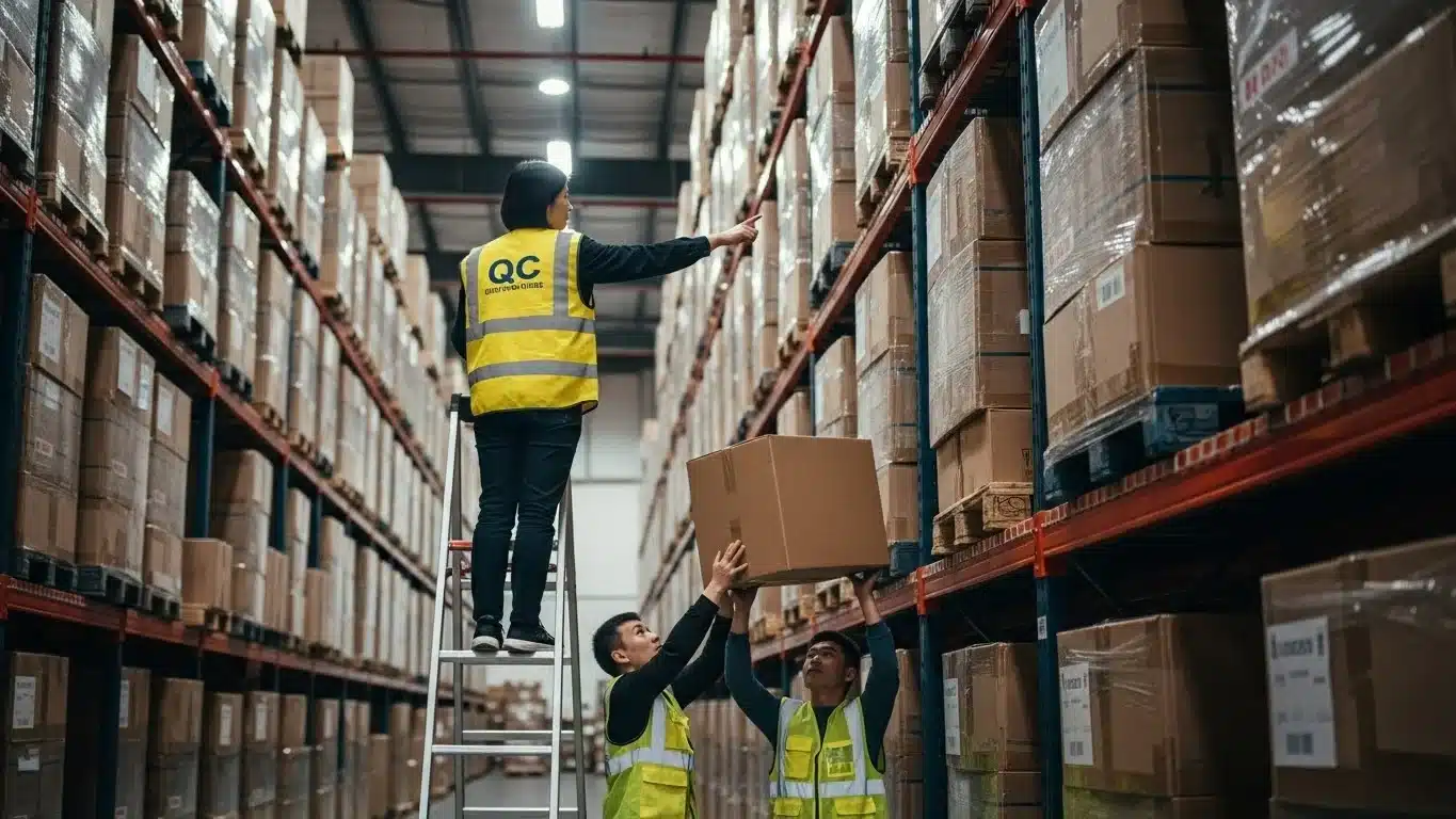 Three workers in a warehouse, one on a ladder in a QC vest pointing at boxes. Two workers at the bottom handling a large cardboard box.