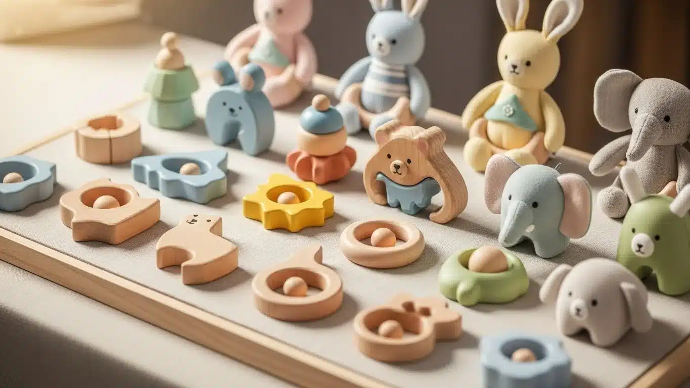 Демонстрация красочных деревянных и тканевых детских игрушек в форме животных и геометрических форм, аккуратно разложенных на светлой поверхности.
