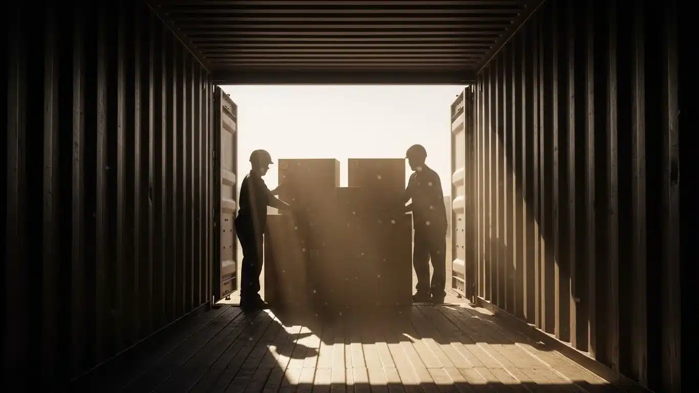 Workers loading a container with Yiwu goods