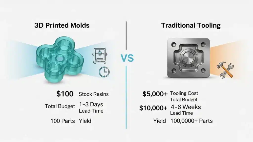Comparison between 3D printed molds and traditional tooling showing cost, lead time, and part yield differences.