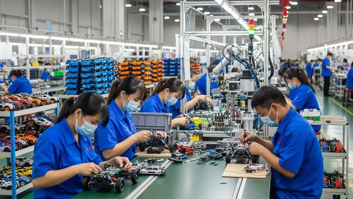 Workers in blue uniforms assembling toy cars on an assembly line surrounded by stacks of colorful toys in a factory setting.
