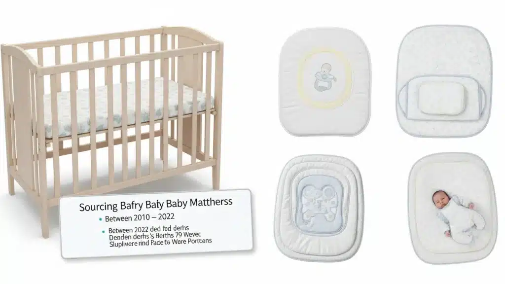 Wooden crib with a mattress and baby bedding set with various designs placed beside it.