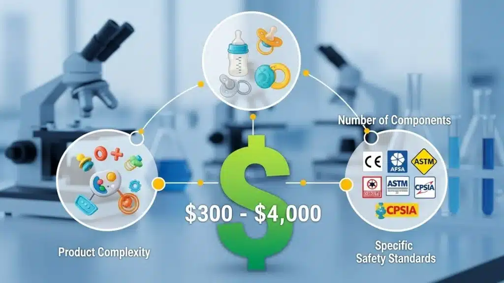 Infographic showing cost and safety analysis of baby products with price range, safety standards, and product complexity.