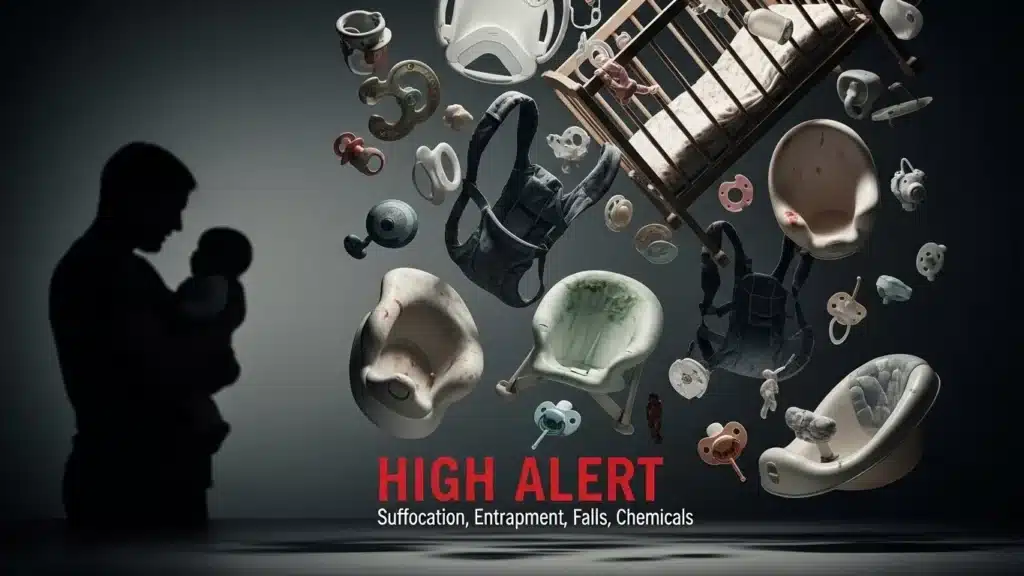 Collection of baby items like pacifiers, seats, and a crib with 'High Alert' text indicating suffocation, entrapment, falls, and chemicals risks.