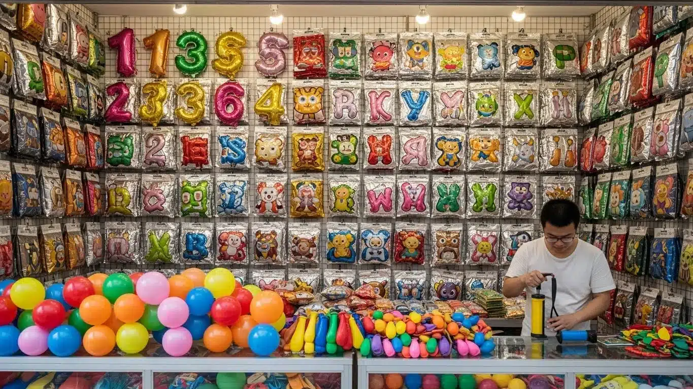 A vibrant display of numeral and character balloons on a shop wall, with a variety of inflated and deflated balloons on the counter.