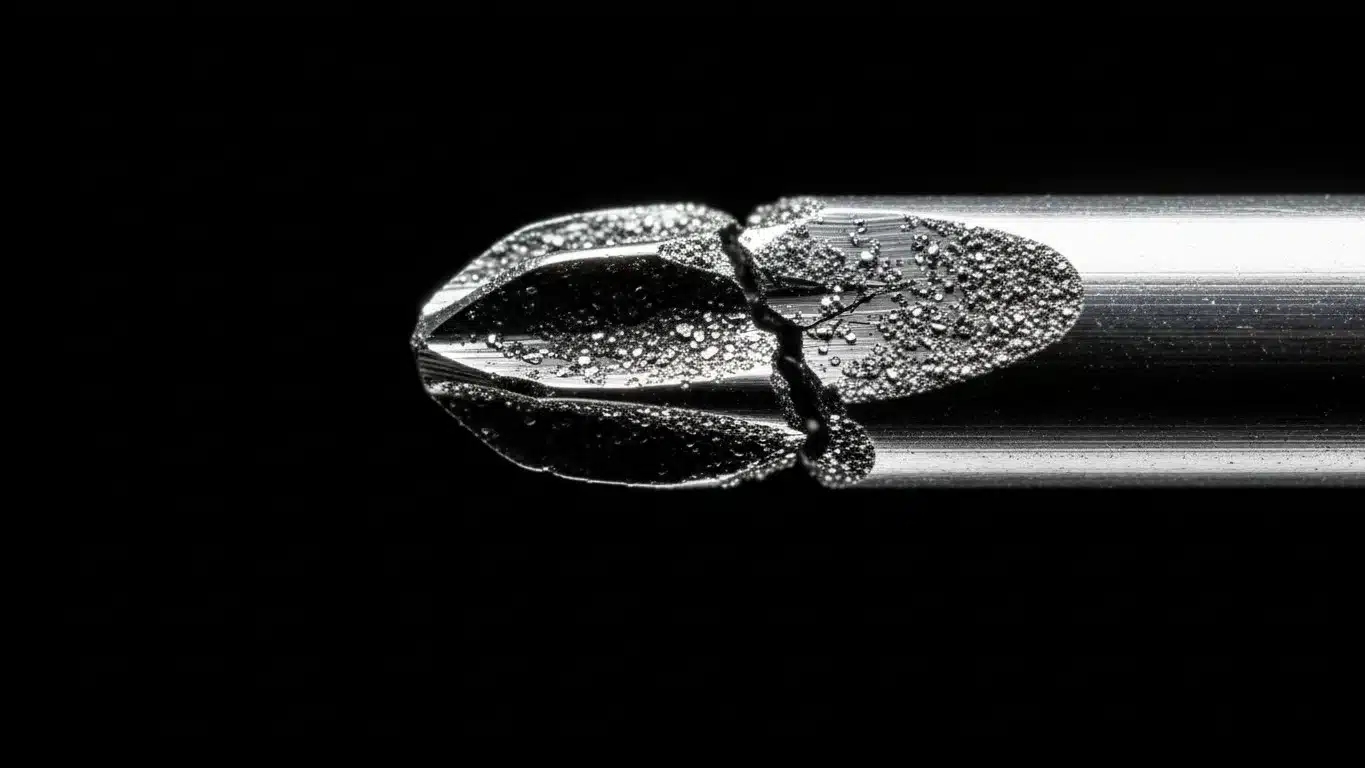 Close-up of a metallic drill bit tip visibly cracked with detailed texture against a black background.