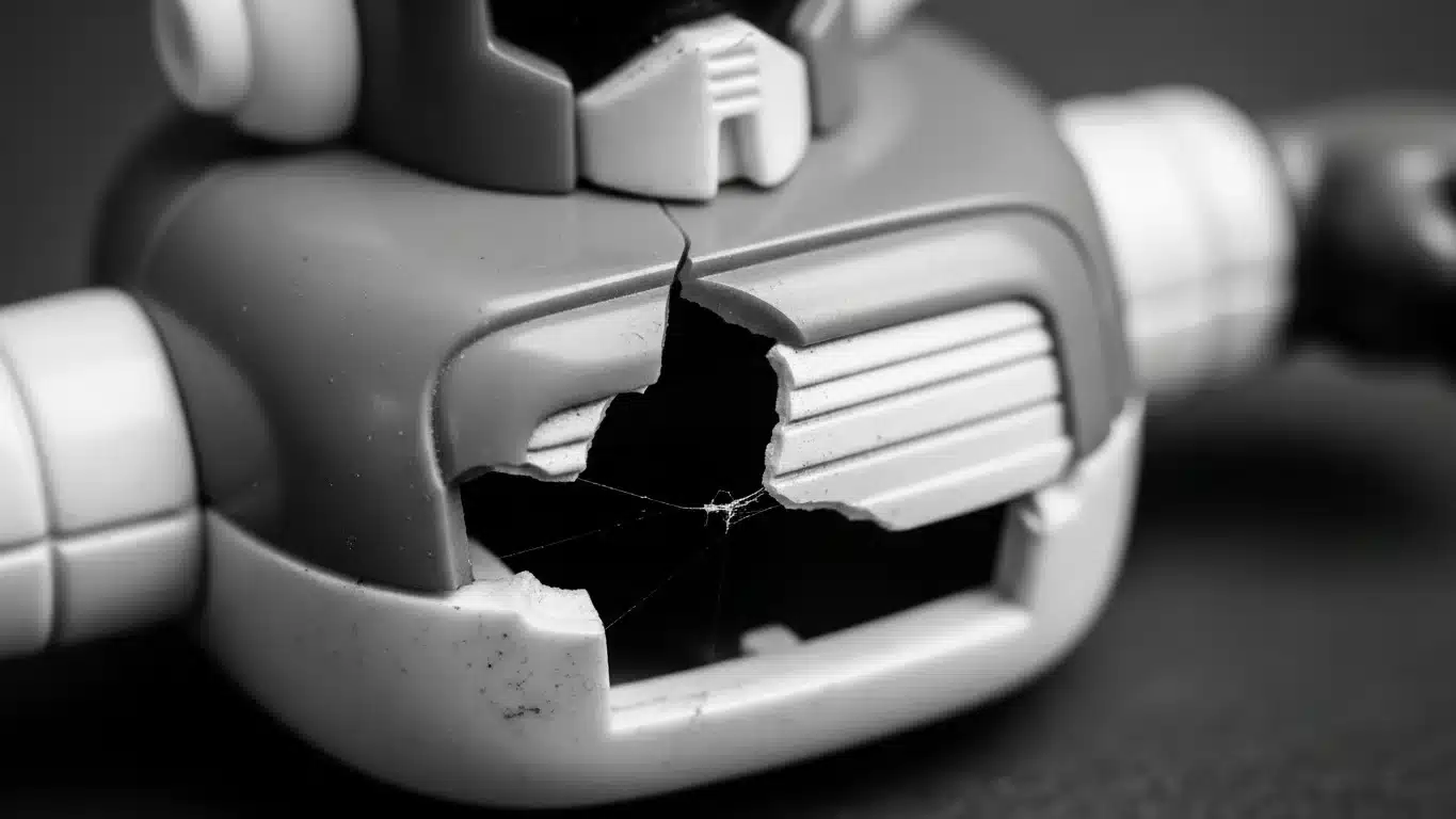 Close-up view of a broken robot toy with a crack on its chest, showing intricate details of the damage and spiderwebs.
