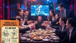 Group of people in suits raising glasses at a dinner table with karaoke screen in background, engaging in a business dinner setting.