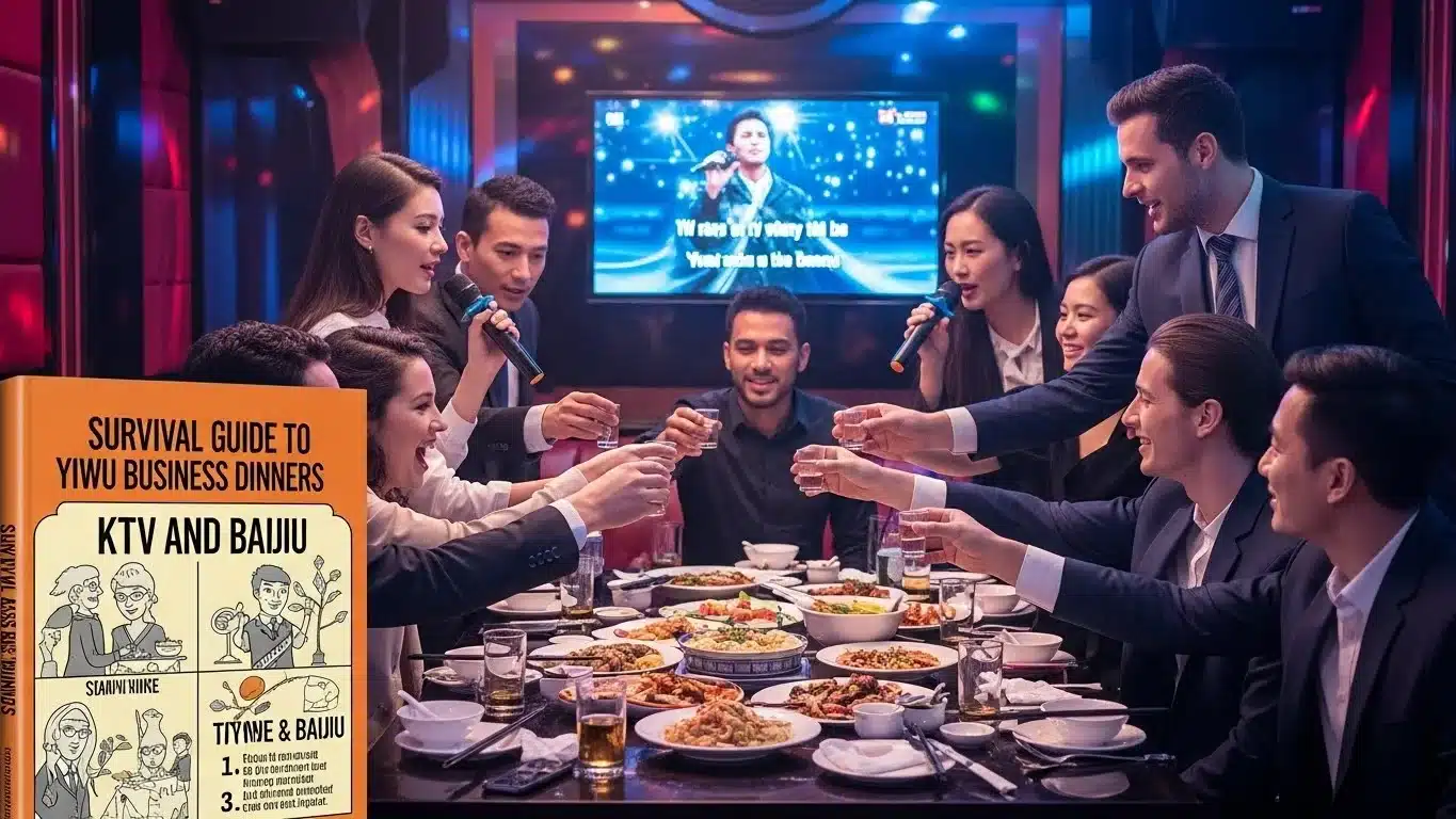 Group of people in suits raising glasses at a dinner table with karaoke screen in background, engaging in a business dinner setting.