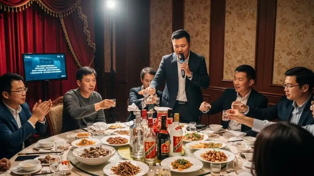 Group of people at a round table during a business dinner, raising glasses in a toast. Various dishes and bottles are on the table.
