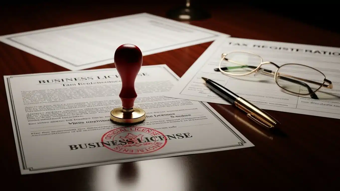 Business license document with an official stamp placed on it, surrounded by additional forms, a pair of eyeglasses, and a pen on a wooden desk.