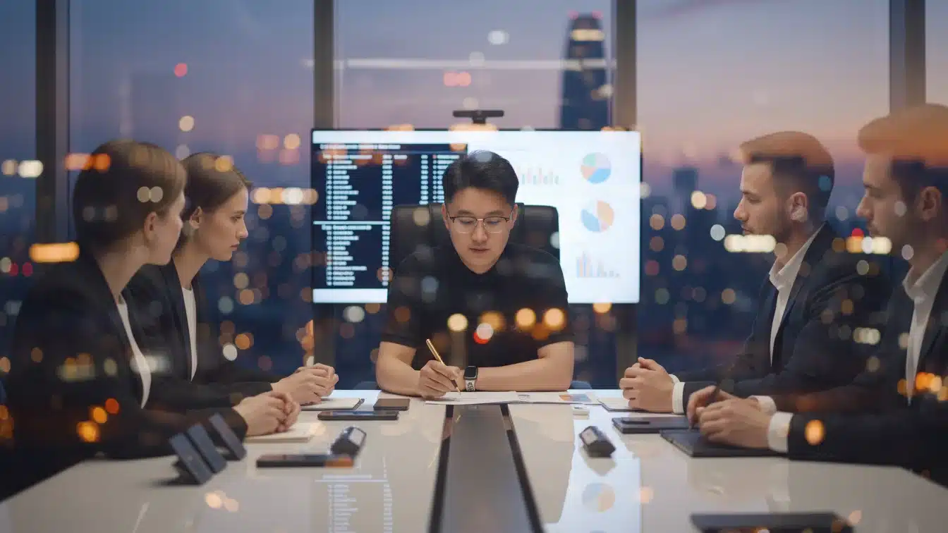 Group of business professionals in a meeting room with digital screens displaying graphs and data against a cityscape at sunset.