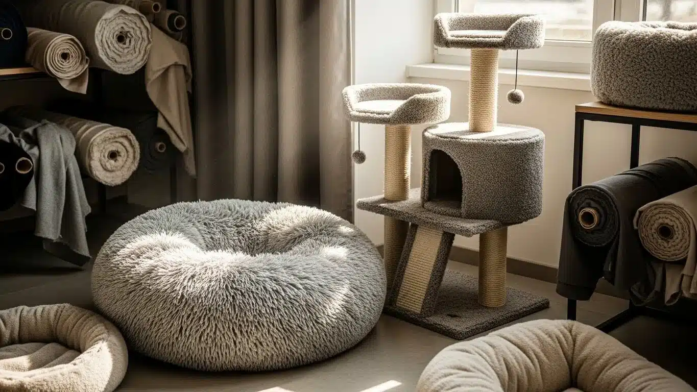 A plush gray cat tree and a round fluffy cat bed in a room filled with rolled fabric, softly lit by a window.