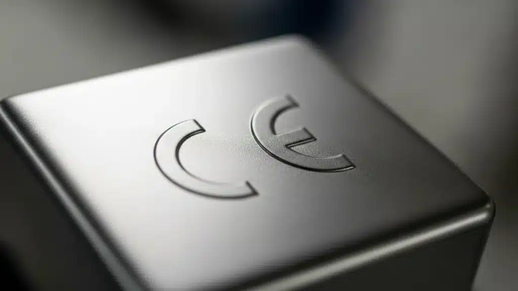 Close-up of CE logo embossed into a smooth metallic surface, highlighting certification mark details.