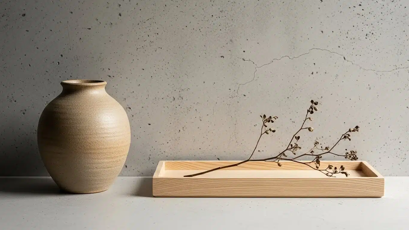 A smooth ceramic vase next to a wooden tray holding a dried branch, placed on a minimalist light-colored surface against a speckled wall.