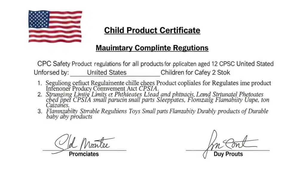 Certificate titled 'Child Product Certificate' with several spelling errors, featuring a U.S. flag and signatures at the bottom.