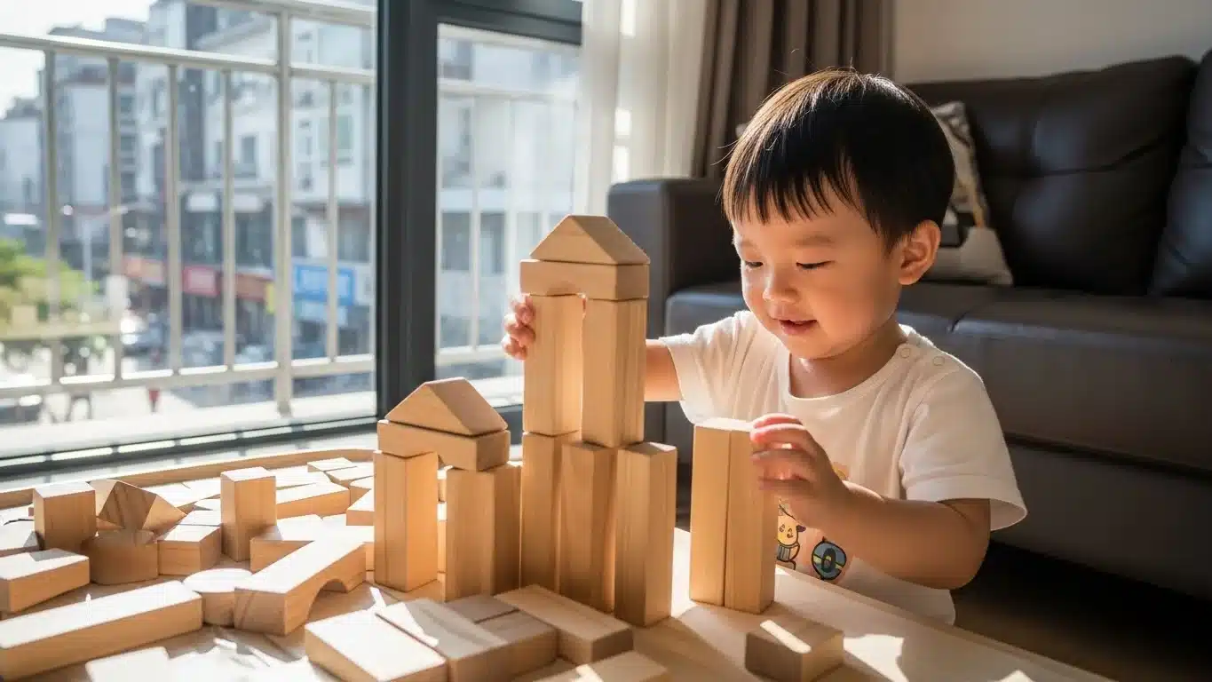 Young child playing with wooden building blocks, stacking them into towers on a well-lit table in a modern living room.