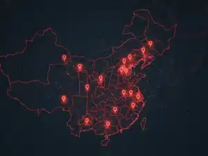 Digital map of China featuring red location markers across different regions against a dark background, highlighting connectivity.