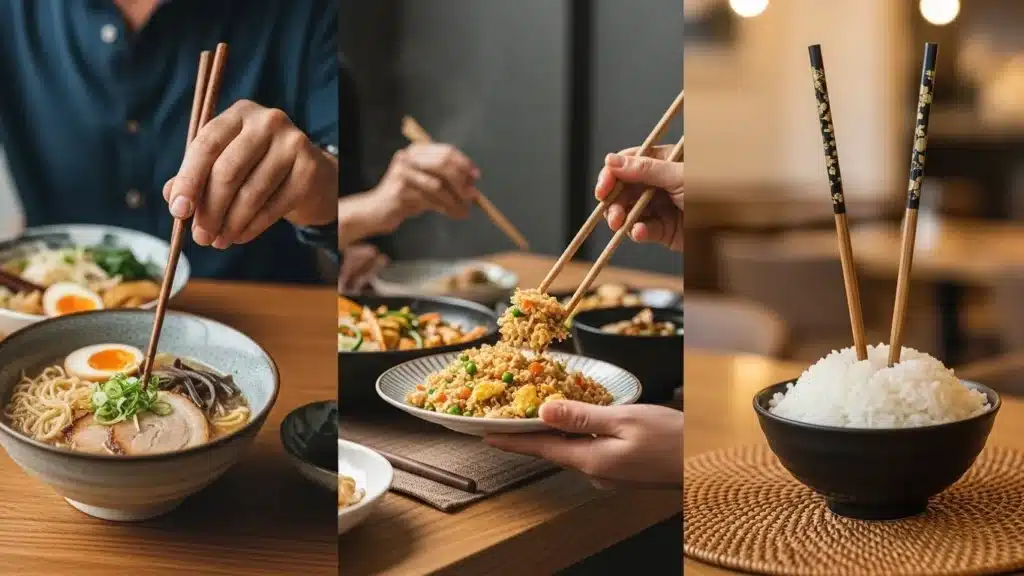 Three images showing chopsticks with ramen, fried rice, and rice bowls, highlighting Asian cuisine and dining with chopsticks.