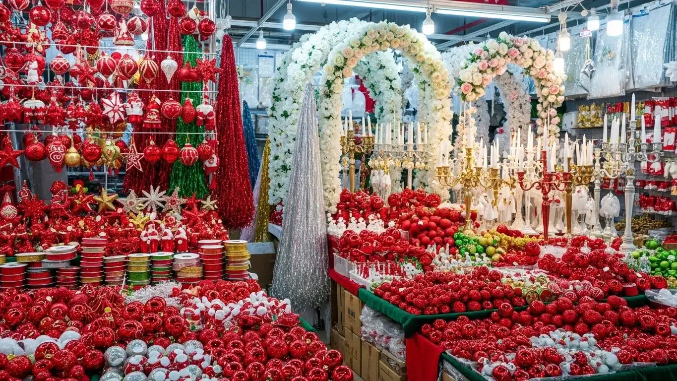 A vibrant Christmas decor display featuring red ornaments, gold candlesticks, white floral arches, and assorted holiday items.