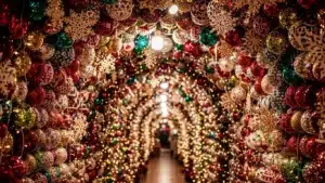Christmas light decorations at a Yiwu holiday products stall